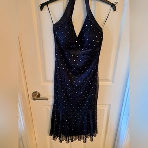 Size 6 Black, Glitter, Fit and Flare, Midi, Shear Overlay Cocktail & Party Dress